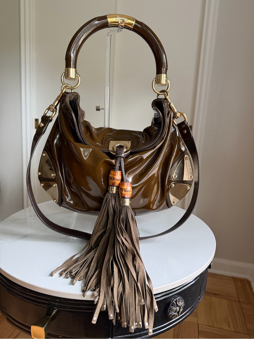 Gucci Indy Medium Brown Patent Leather Bamboo Hobo Bag